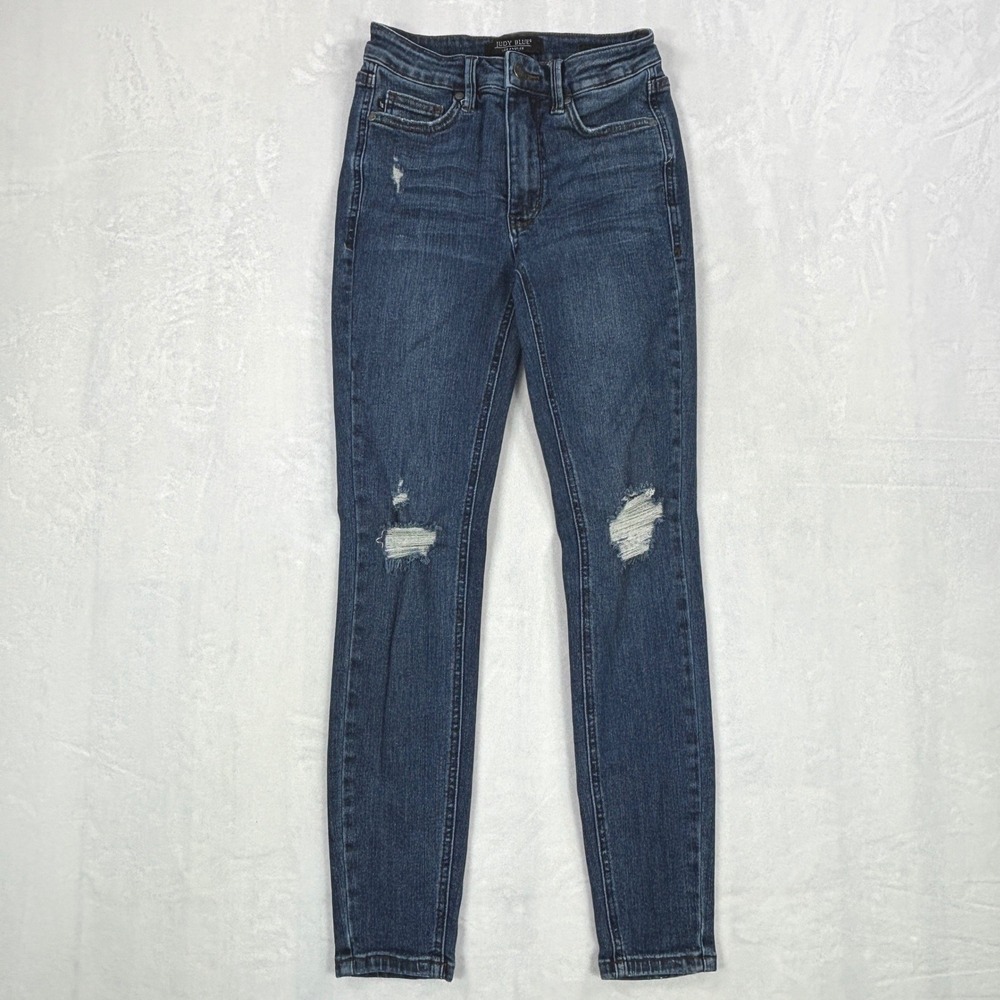 Judy Blue Mid Rise Tummy Control Distressed Skinny Jeans Dark Wash 1/25 JB88798